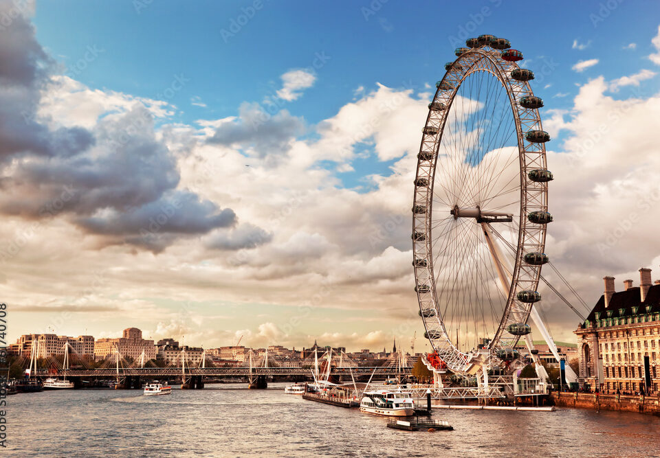 London, England the UK skyline. The River Thames